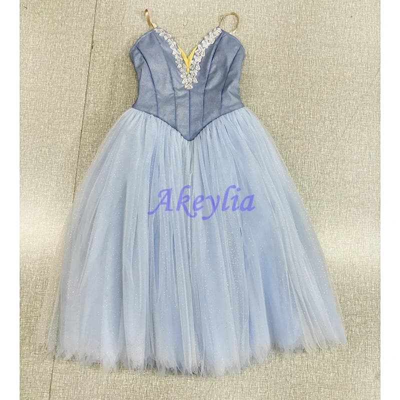 Akeylia Blu grigiastro Abito da balletto romantico Donna Fata Professionale morbido tulle Lungo concorso di forma seghettata Vecchio blu JNBL230