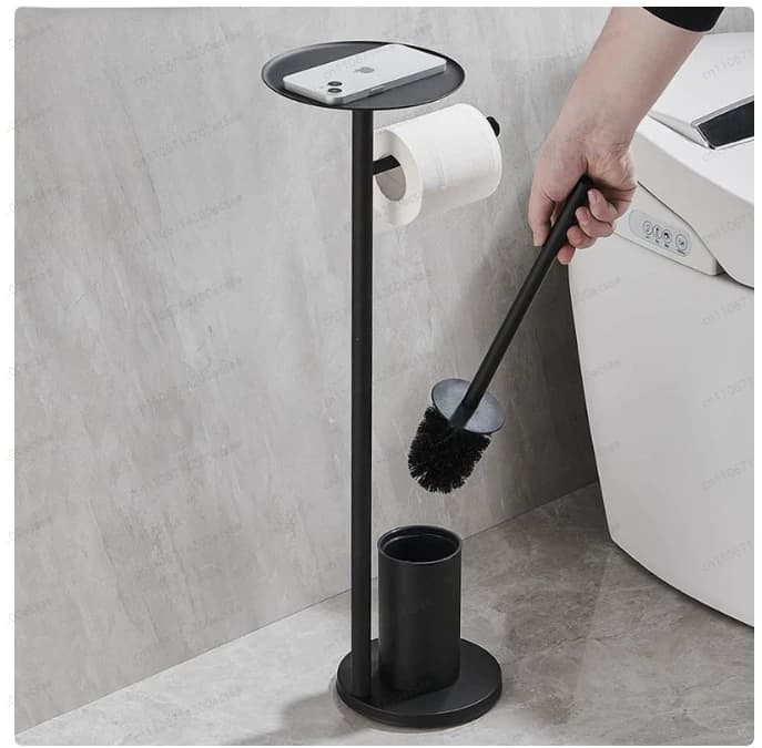 Portarotolo da terra per bagno, anti-odore, in acciaio inossidabile nero, con porta scopino, per uso domestico e alberghiero