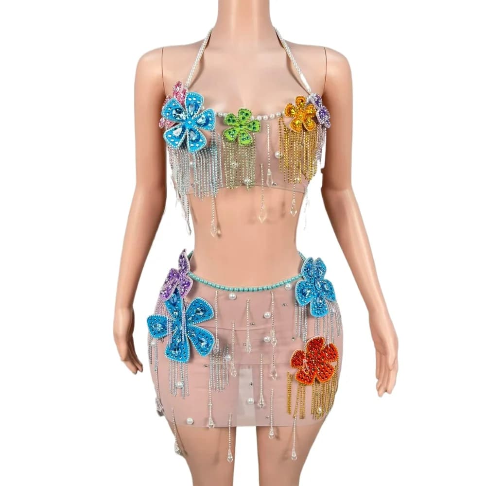 Set Due Pezzi con Top Scintillante di Strass e Perle e Minigonna, Sexy e Trasparente, per Celebrazioni, Serate, Balli, Compleanni, Servizi Fotografici
