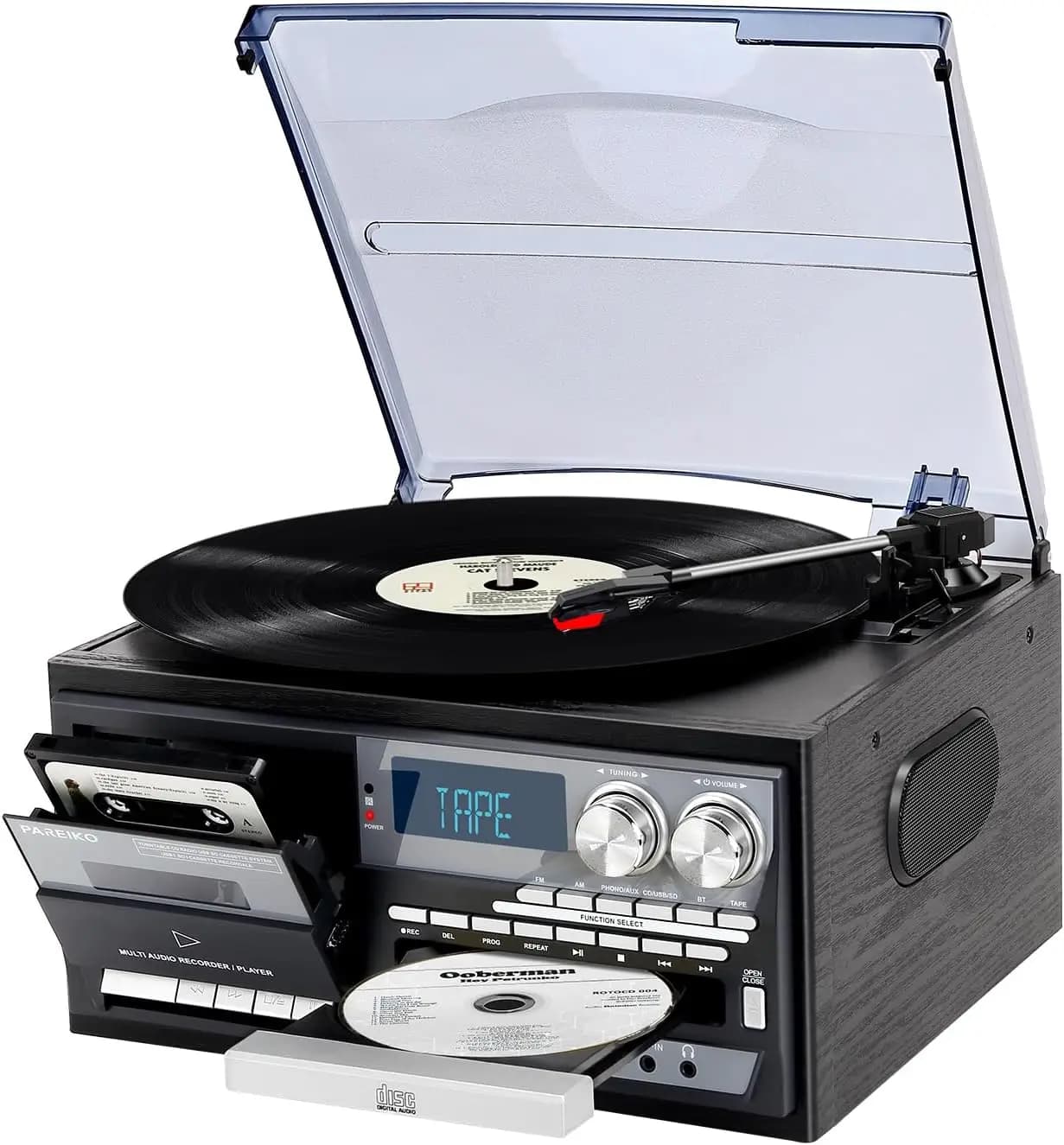 Giradischi Vintage 9-in-1 con Altoparlanti, Radio, CD, Cassetta, Bluetooth, Telecomando per Appassionati di Musica