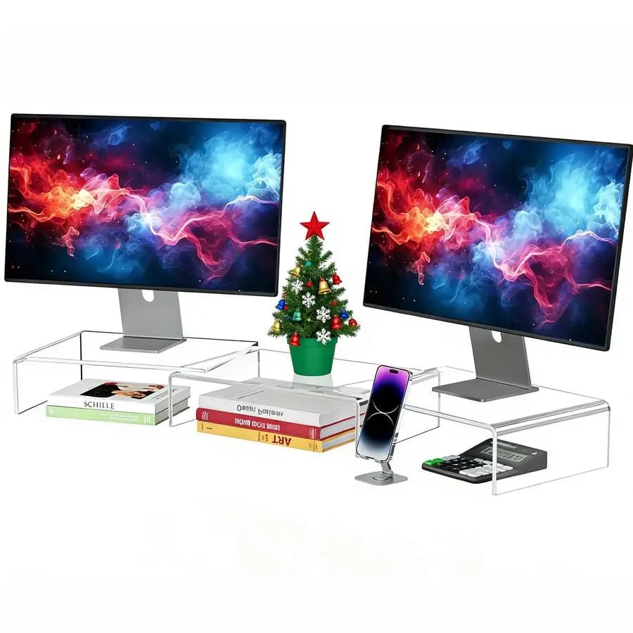 Transparent acrylic monitor support, 3-store adjustable double monitor support with anti-slip mat, premium desk organizer for home