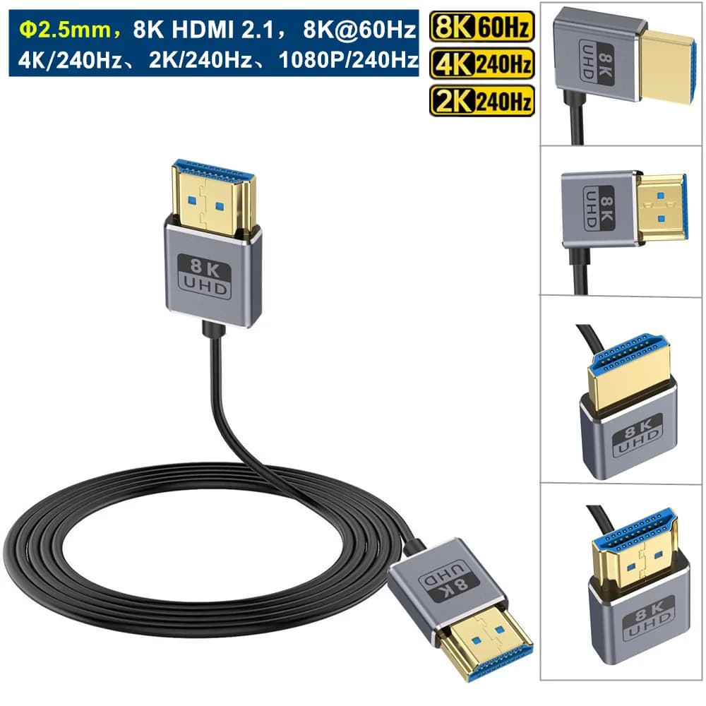 HDMI 8K HDMI coaxial cable 2.1, 48 Gbps at high speed, ultra thin HDMI cable Φ2.5 mm, 8K@60Hz, 4K@240Hz, dynamic HDR, eARC