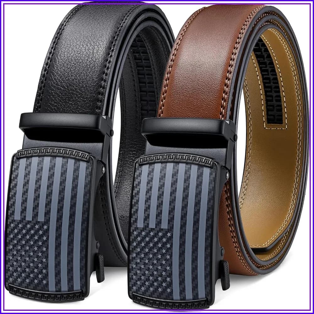2 Pack Ratchet Belts for Men, Adjustable Slide Buckle Leather Dress Belt, 1 3/8"