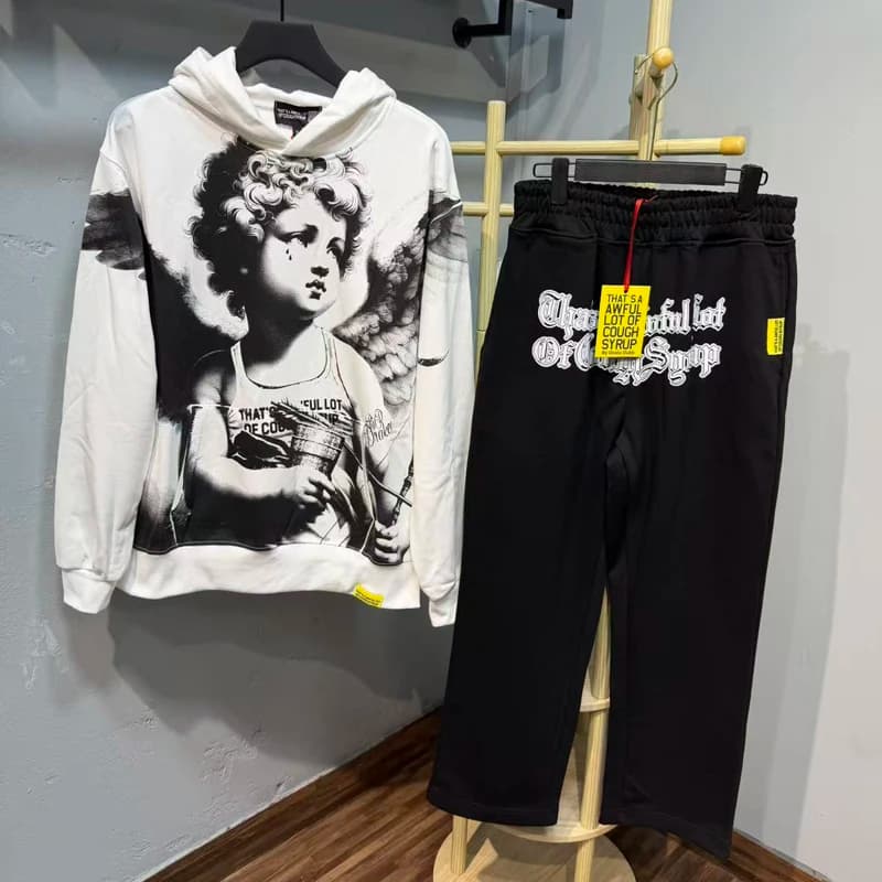 26SS New That's A Awful Lot of Cough Syrup Hoodies Sets Angel Printed Loose Casual Men's Two Piece Sets