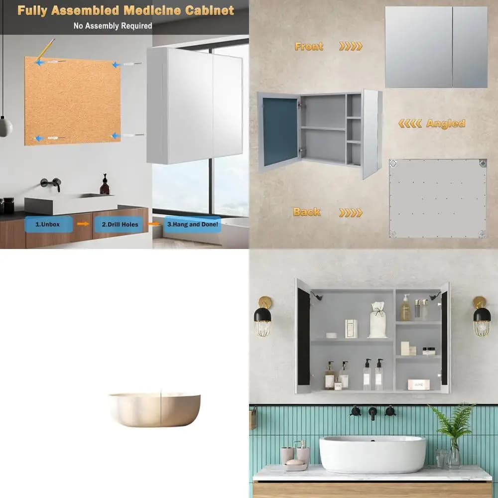 Armadietto a Specchio Grande 24x32 Argento con Vano Portaoggetti, Preassemblato per Installazione Incassata o a Superficie per Bagno
