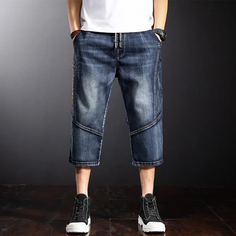 New summer models Tight waist denim cut man Loose elastic cut embroidered denim mid-trousers men Large size 28-44