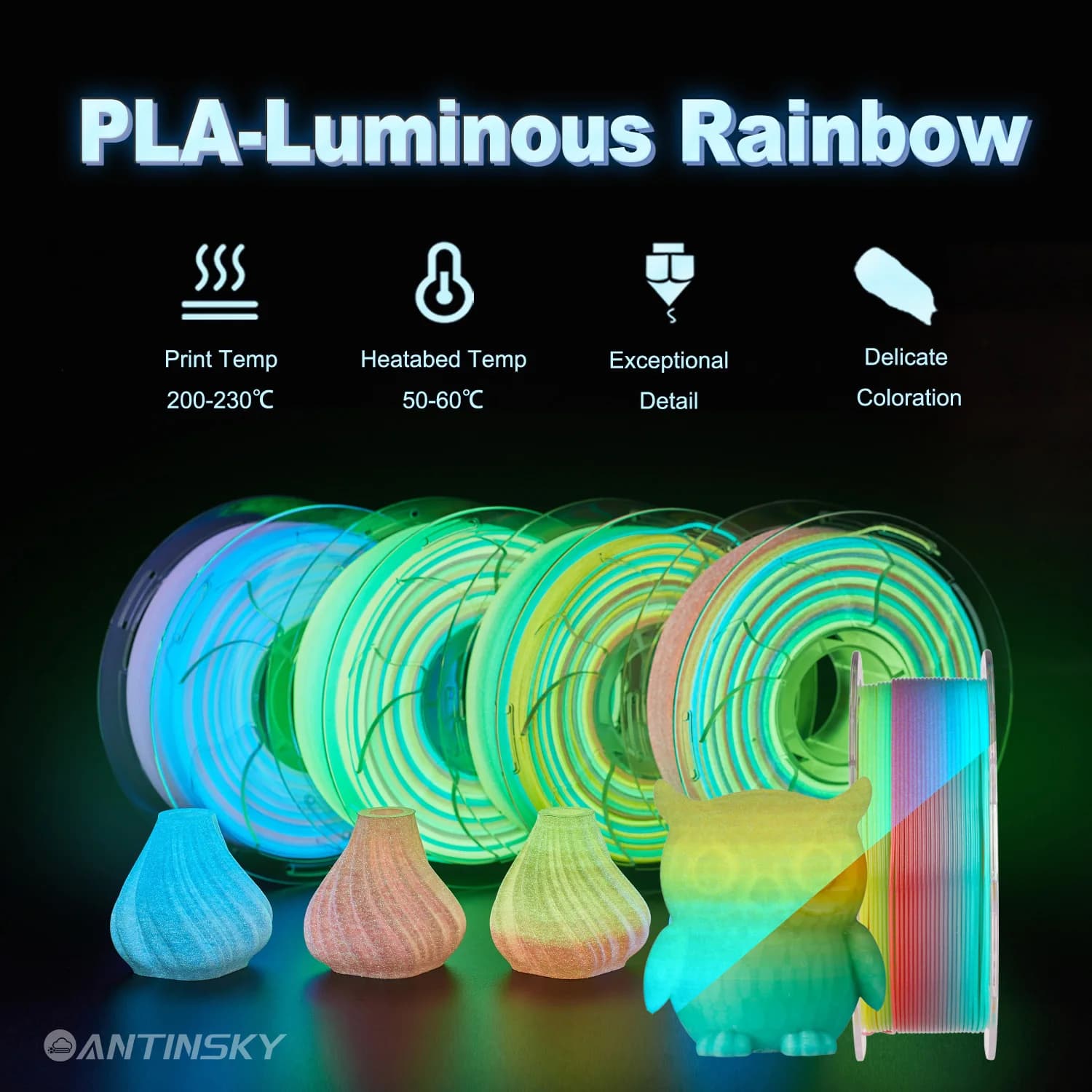Antinsky PLA-Luminous Rainbow 1.75mm 3D Filament 1KG 3d printer High speed filament