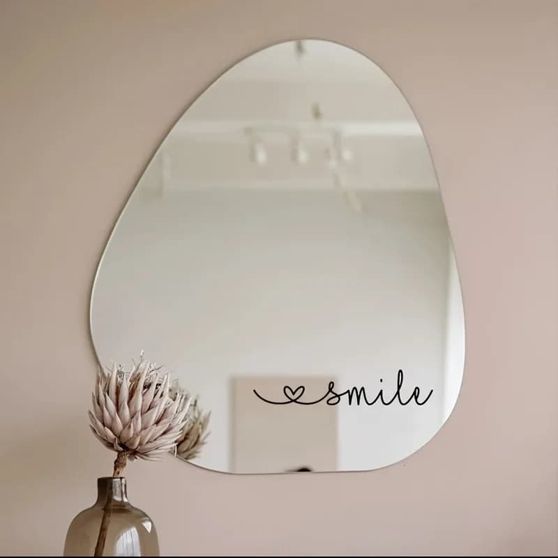 Smile Heart Script Mirror Decal, Waterproof Self Adhesive Letter Sticker, Aesthetic Bathroom Vanity Mirror Decor Sticker