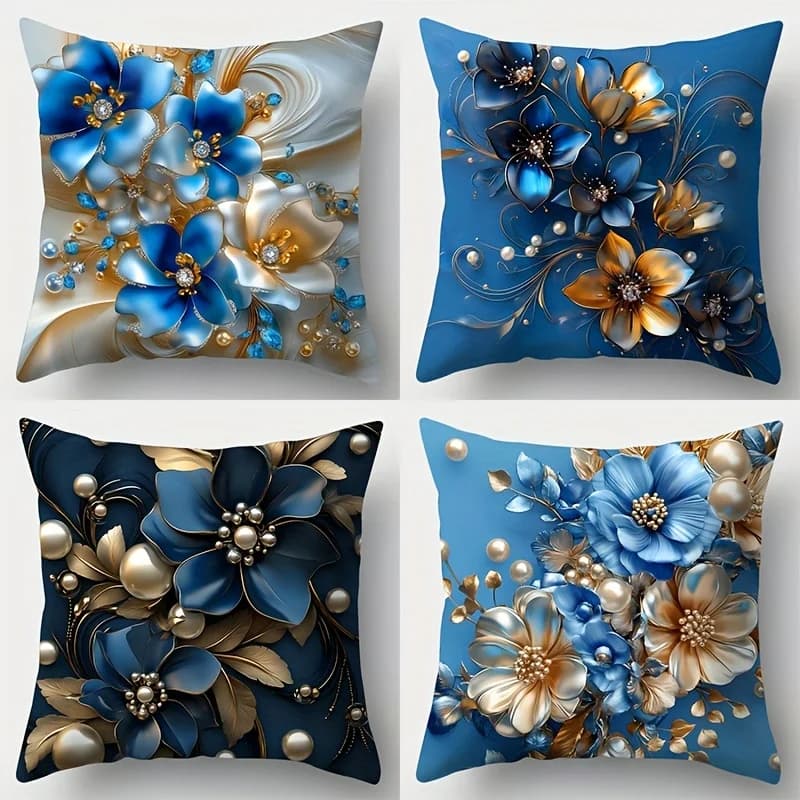 4 fodere per cuscini floreali blu e dorati – Decorazioni per la casa eleganti, perfette per cuscini di supporto lombare del divano