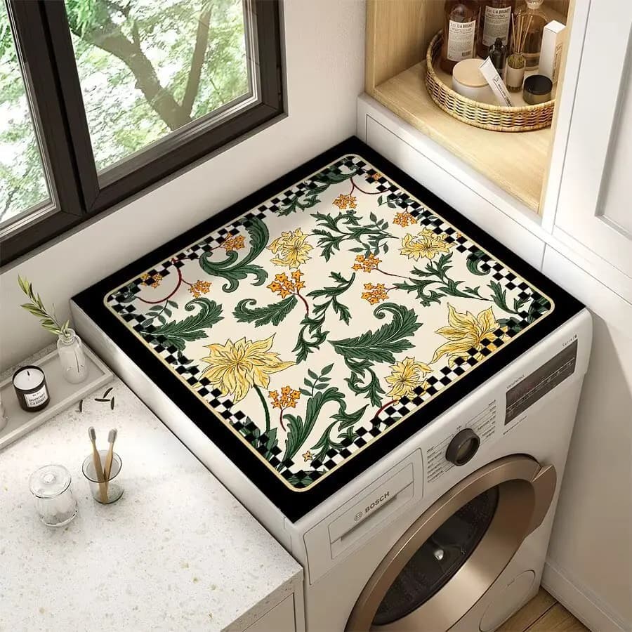 VIKAMA Retro American Green Vine Floral Checkerboard Washing Machine Cover Pad, Dirt-Resistant Drum Washing Machine Dust Pad