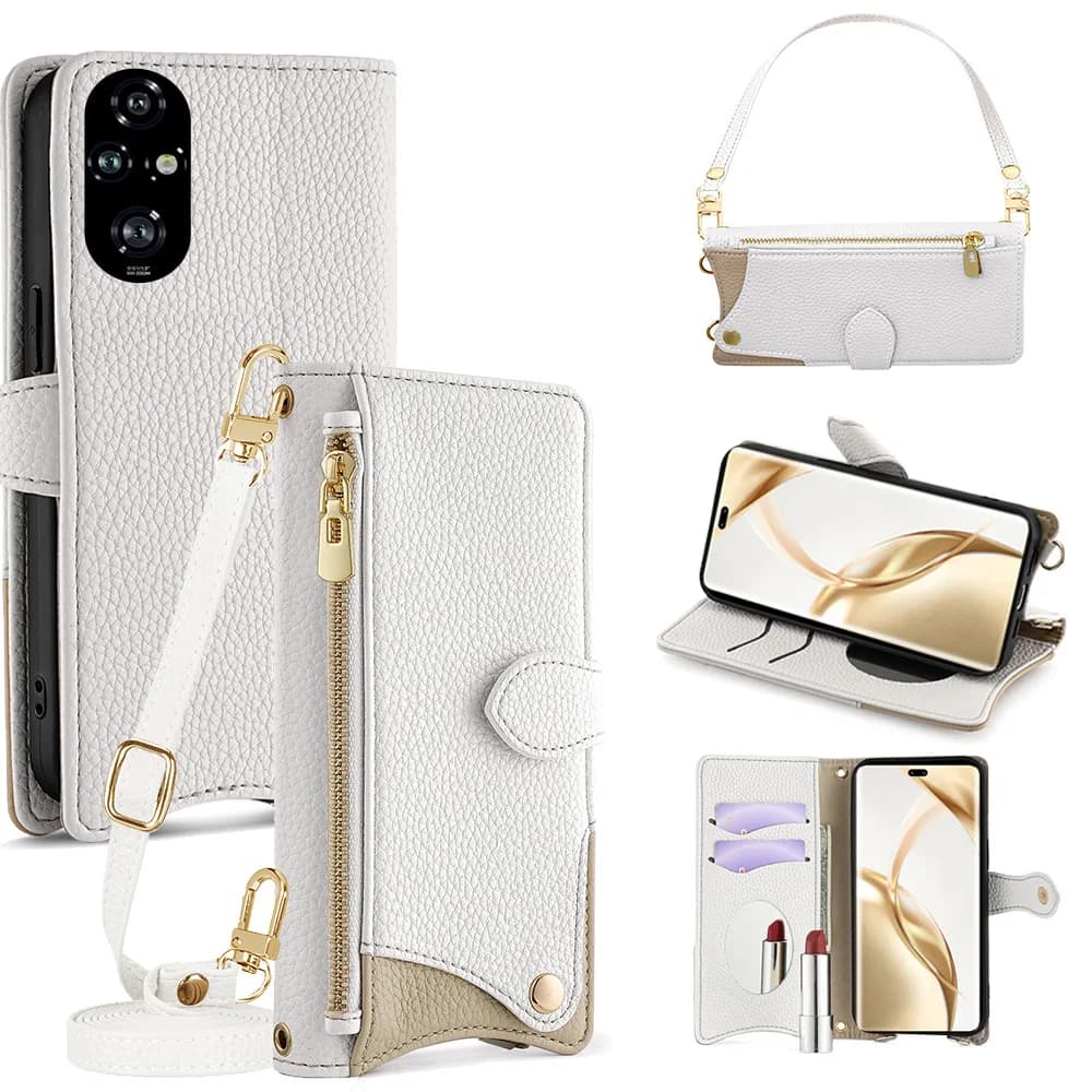 Zipper Mirror Wallet Case For Google Pixel 10 Pro XL 10A 9 9A 8 8A 7 7A 6 Crossbody Multi 3 Cards Leather Wrist Strap Flip Cover