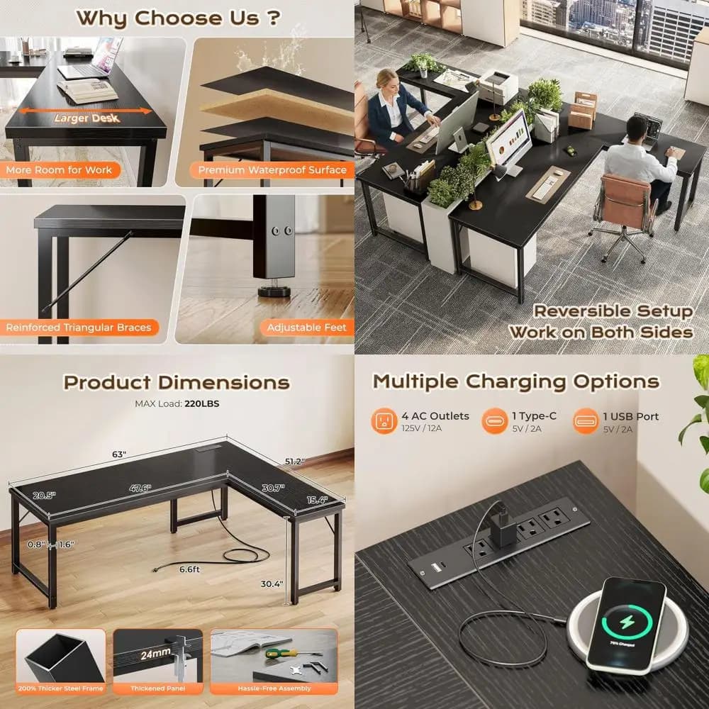 Scrivania a L da 63 pollici con porte di alimentazione e USB-C, robusta scrivania da gaming/ufficio, piano spesso 0,95 pollici, struttura in metallo, nera