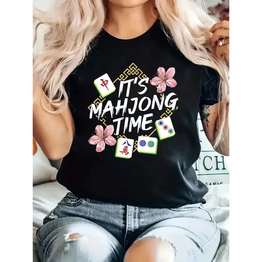 【Nuovo stile】 T-shirt grafica Wo Black "It'S Mahjong Time" T-shirt casual a maniche corte con scollo rotondo e design floreale e con motivi Mahjong B