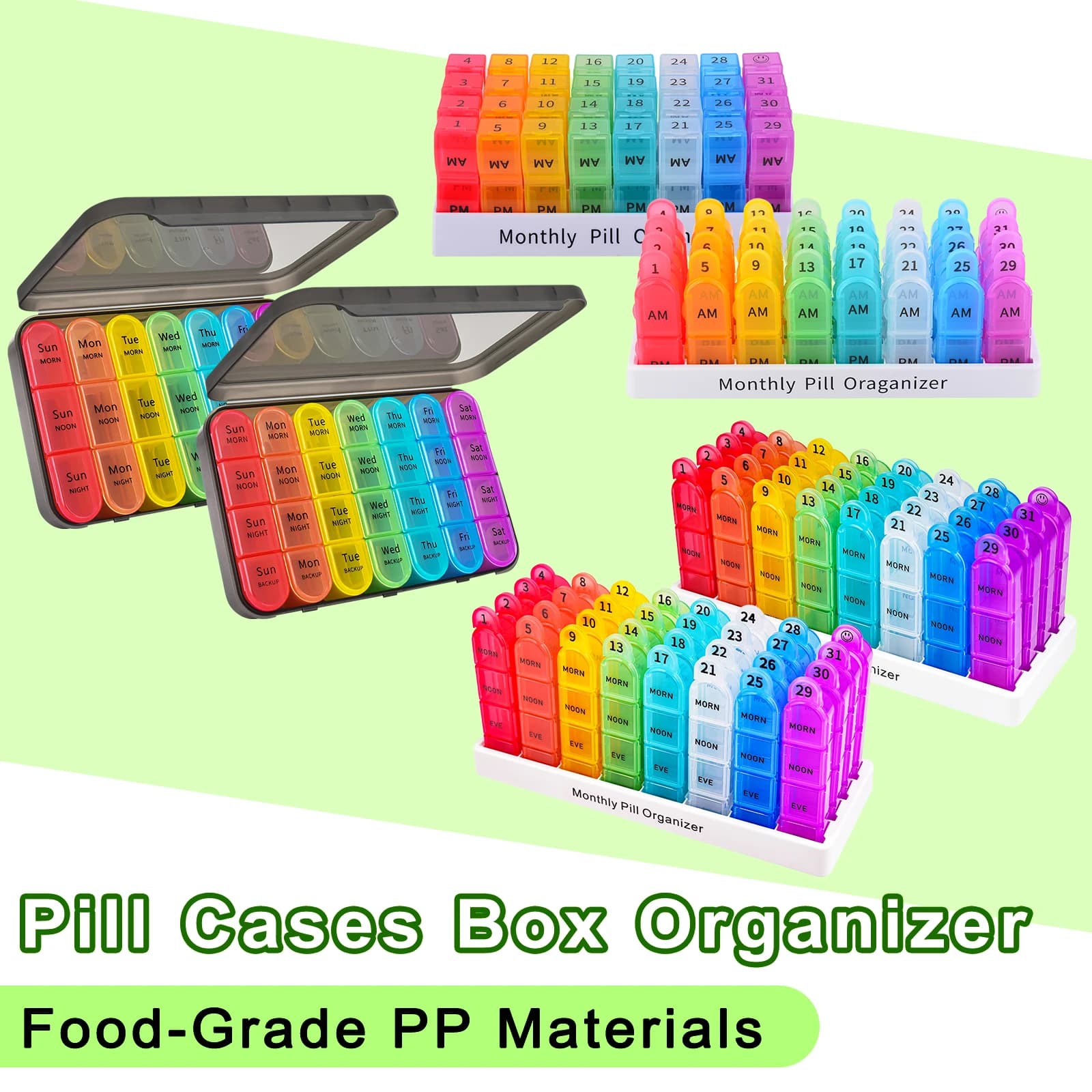 Weekly/ Monthly Pill Case Portable Travel Large Pill Organizer for Vitamins Medications Supplements Food-Grade PP Materials