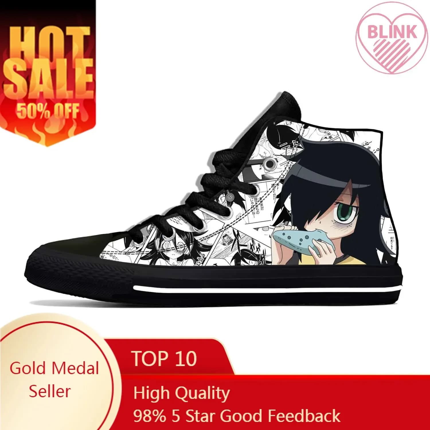 Anime giapponesi Manga Comic Watamote Kuroki Tomoko Scarpe di stoffa casual Scarpe da ginnastica alte leggere e traspiranti con stampa 3D Uomo Donna