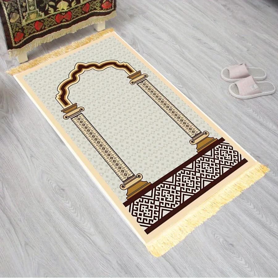 Tappetino da Preghiera Islamico VIKAMA, Design Minimalista con Stampa ad Arco Boho, Tappeto Musulmano Pieghevole Portatile Lavabile per l'Eid