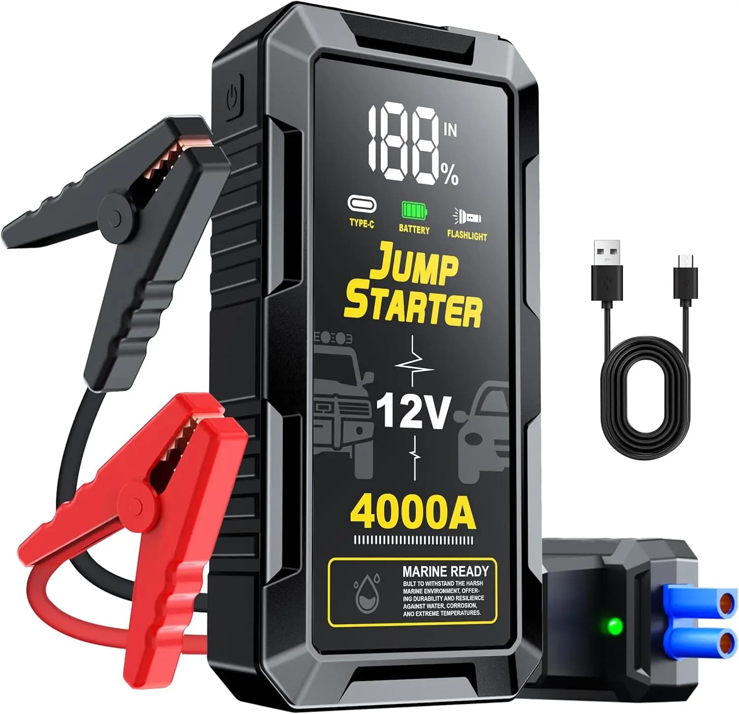 Avviatore di emergenza per auto 4000A, salvadanaio portatile al litio 12V con USB e luce LED, fino a 10 litri diesel