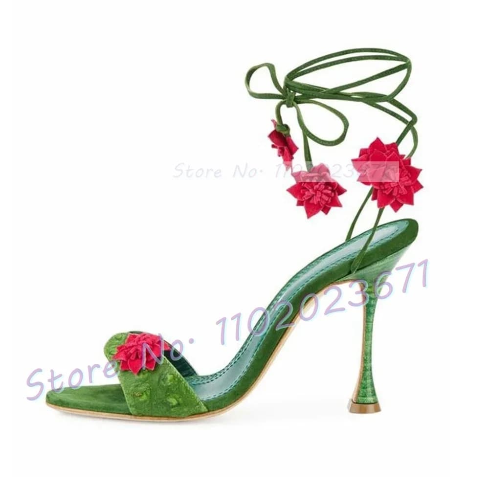 Red Flowers Green Sandals Stringed Women Sandals Colorful Glass Wine Sandals Luxury Forest Series Summer Chic Party Open Toe Shoes