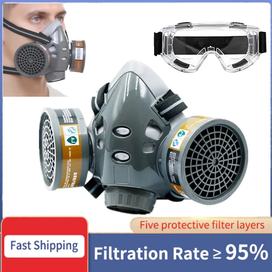 Set Gas Mask with Breather, Double Active Carbon Filters, Protective Glasses Anti-fog for Chemical and Pesticides Industry