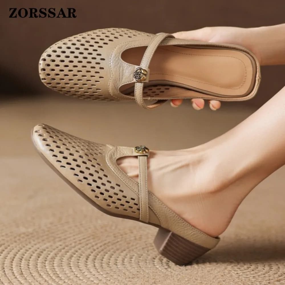 2026 New Genuine Leather Mary Jane Mule Sandals for Women Low Heel Hollow Out Slip-On Breathable Casual Summer Slippers Shoes