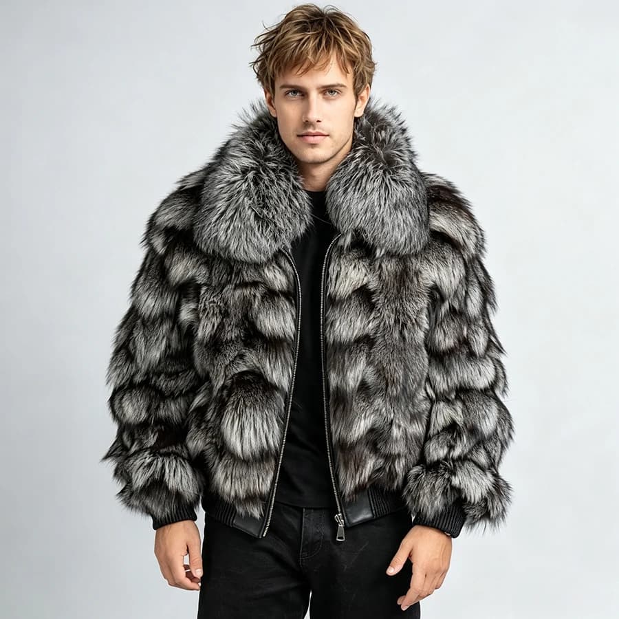 Real Silver Fox Fur Jacket With Lapel Men's Fur Zippered Bomber Jacket Cropped Fox Fur Jacket High Quality Natural Fur Jacket