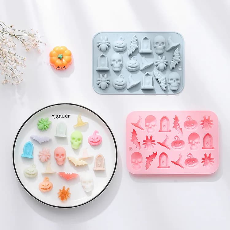 Stampi in silicone per cioccolato a tema Halloween con 18 ragni a teschio e altri motivi, stampi per torte e decorazioni con colla a goccia