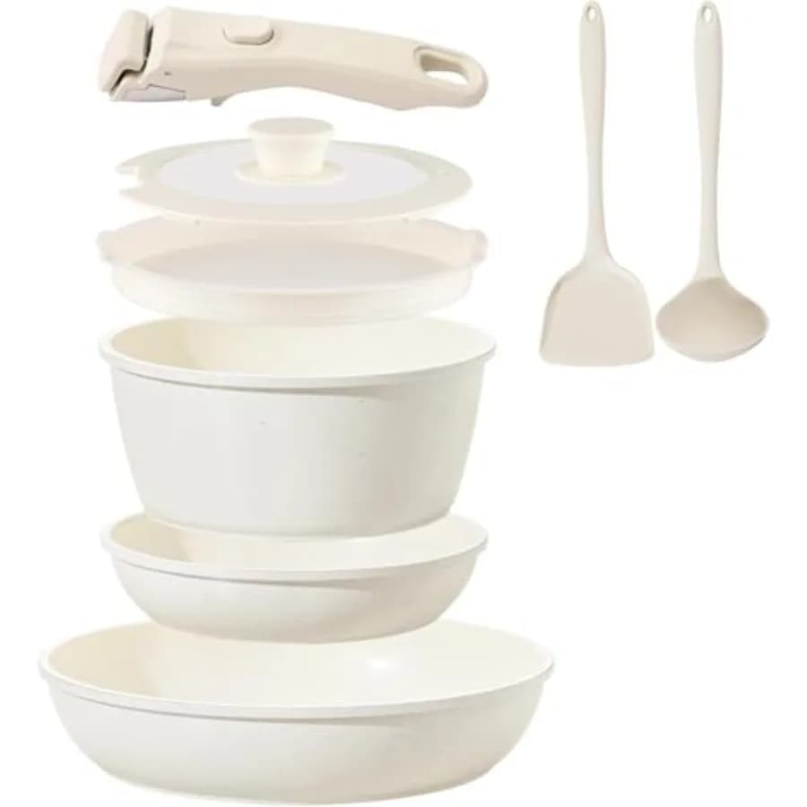 Set di Pentole in Ceramica Antiaderente 8 Pezzi con Manici Staccabili, Set da Cucina per Induzione con Padelle, Adatto al Forno