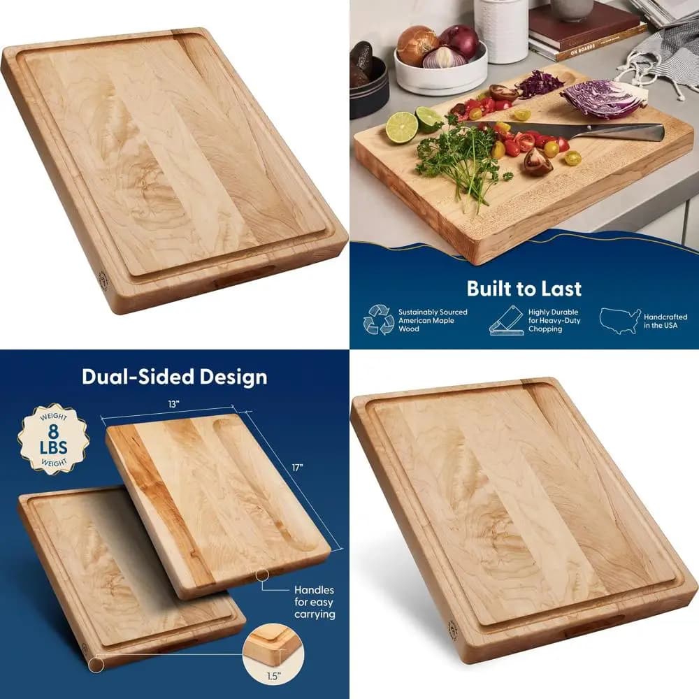 Large kitchen cutter in maple wood 17x13 with groove for juices and switching compartment - Produced in the United States (gift package)