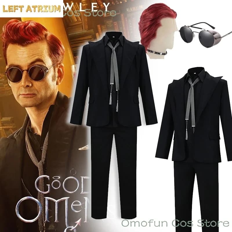 Tv Good Crowley Cosplay Suit Omens Demon Cosplay Costumes Wig Glasses Fallen Angel Halloween Mens Roleplay Set