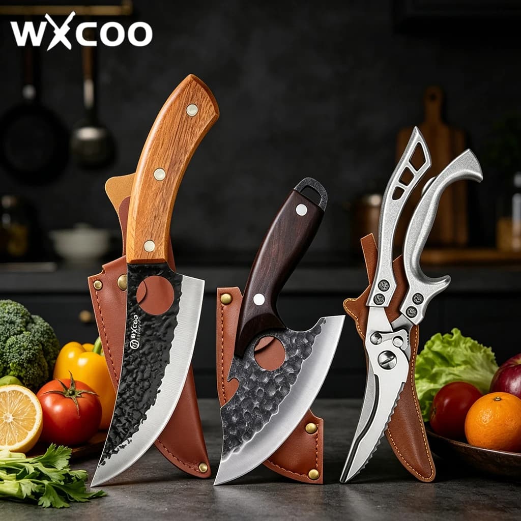 WXCOO 1 Pezzo Coltello da Cucina Forgiato a Mano, Coltello da Macellaio per BBQ, Cucina, Uso Domestico, Taglio Carne, Disosso, con Fodero