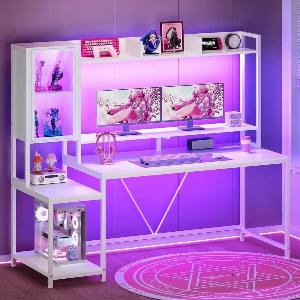 60 LED-lit Gaming Desk with Hutch, Storage, Display Cabinet, and Monitor Stand for PC Gamers and Home Office