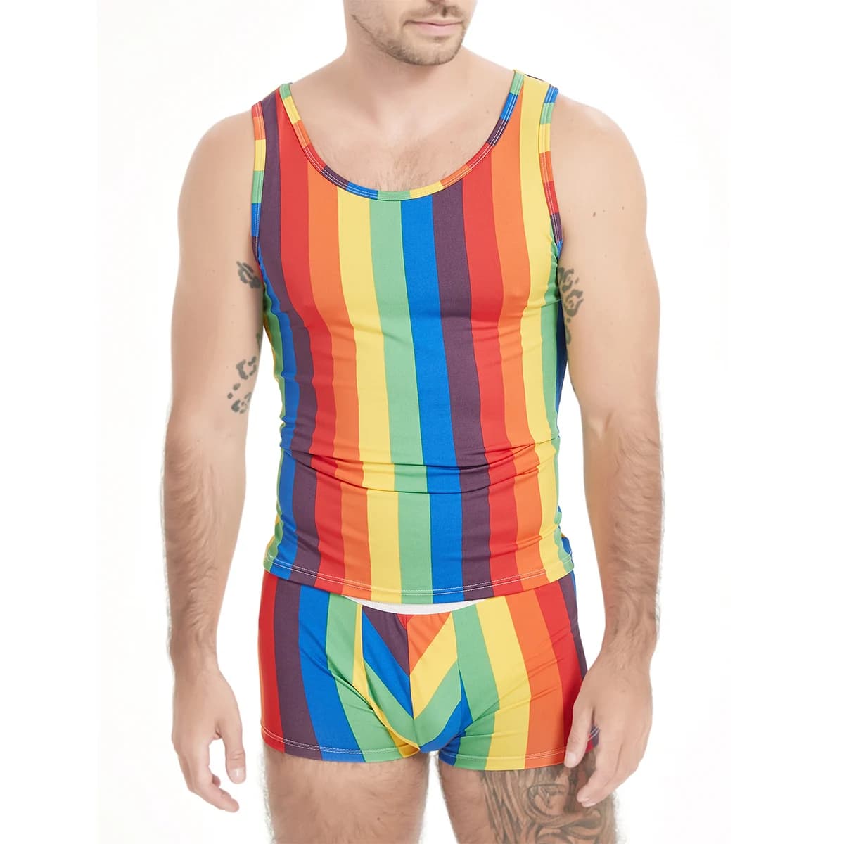 Pigiama da uomo a righe arcobaleno in 2 pezzi, gilet sportivo e fitness senza maniche in estate e pantaloncini attillati e sexy a casa.