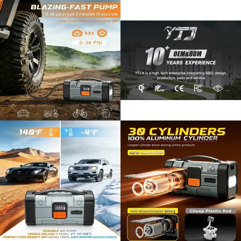 2026 7 in 1 Portable Emergency Jump Starter Car Tyre Inflator Power Bank Metal Battery with 7 Essential Functions