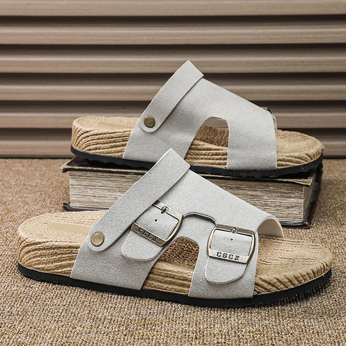 2026 Summer Cork Sandals Men's Flock Faux Suede Mule Clogs Slippers Brown Classic Buckle Cork Slides Slippers For Men Slippers