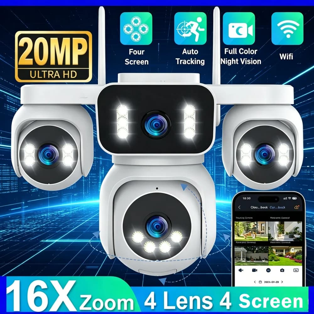 Telecamere di Sicurezza WiFi Tahlitech a 4 Schermi per Esterni, Quattro Lenti PTZ, Zoom Digitale 16X, Tracciamento Automatico Umano, Telecamera di Sorveglianza IP