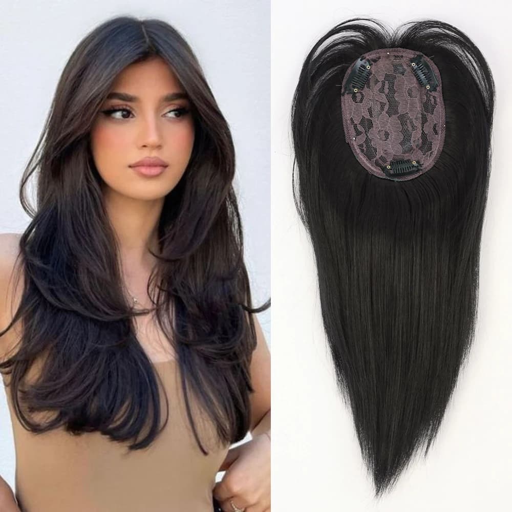 Extension per capelli sintetici con 3 clip, topper liscio nero/marrone per donna, con frangia, extension a clip, capelli finti