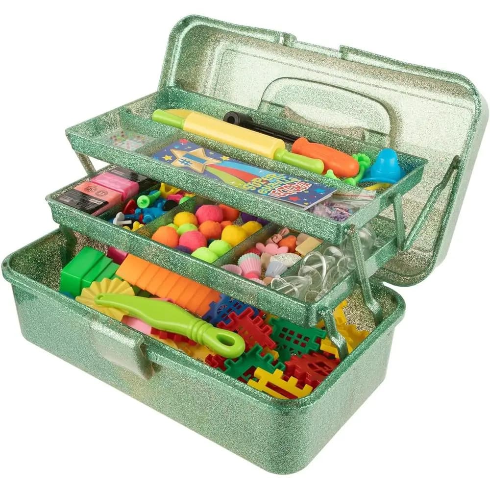 Scatola portaoggetti per attrezzi Glitter Art & Craft, scatola per attrezzatura da trasporto impilabile a 3 strati, scatola per cucire, organizer per forniture artistiche, trucco, forniture per cucire
