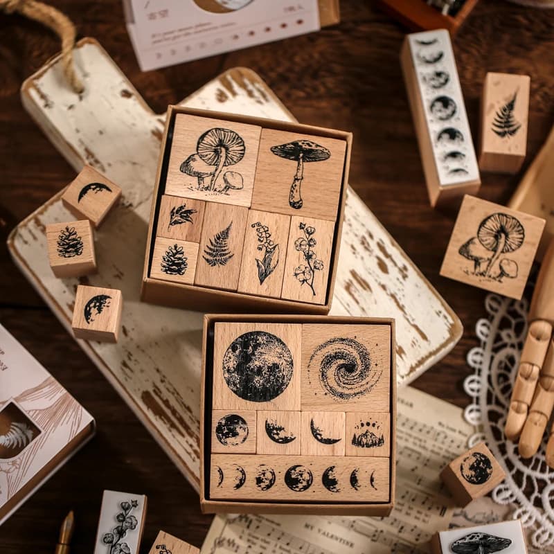 7pcs/set Vintage Plants Phases of The Moon Standard Wood Stamp Wooden Rubber Stamps for Scrapbooking Stationery DIY Craft