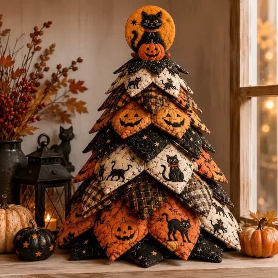 Vintage Halloween Quilted Fabric Tree Kit Pumpkin Ghost Black Cat Spider DIY Patchwork Tabletop Tree Set Tree Ornament 3D