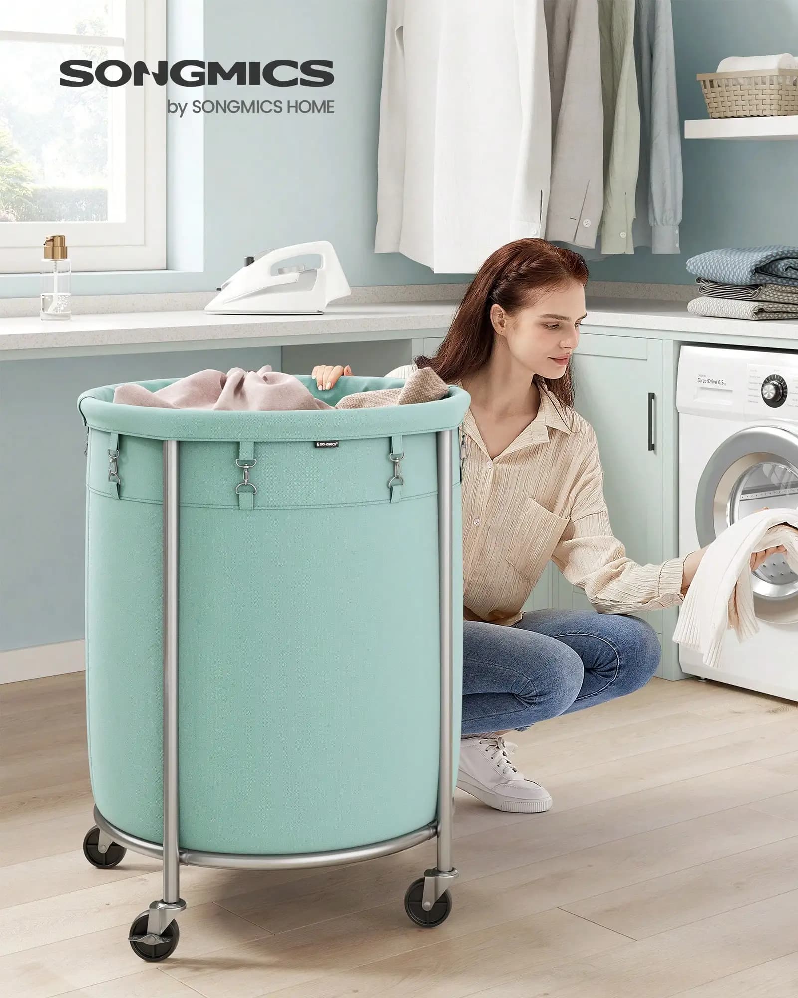 Laundry Basket With Wheels, Rolling Laundry Hamper, Round Laundry Cart With Steel Frame And Removable Bag, 4 Casters And 2 Brakes