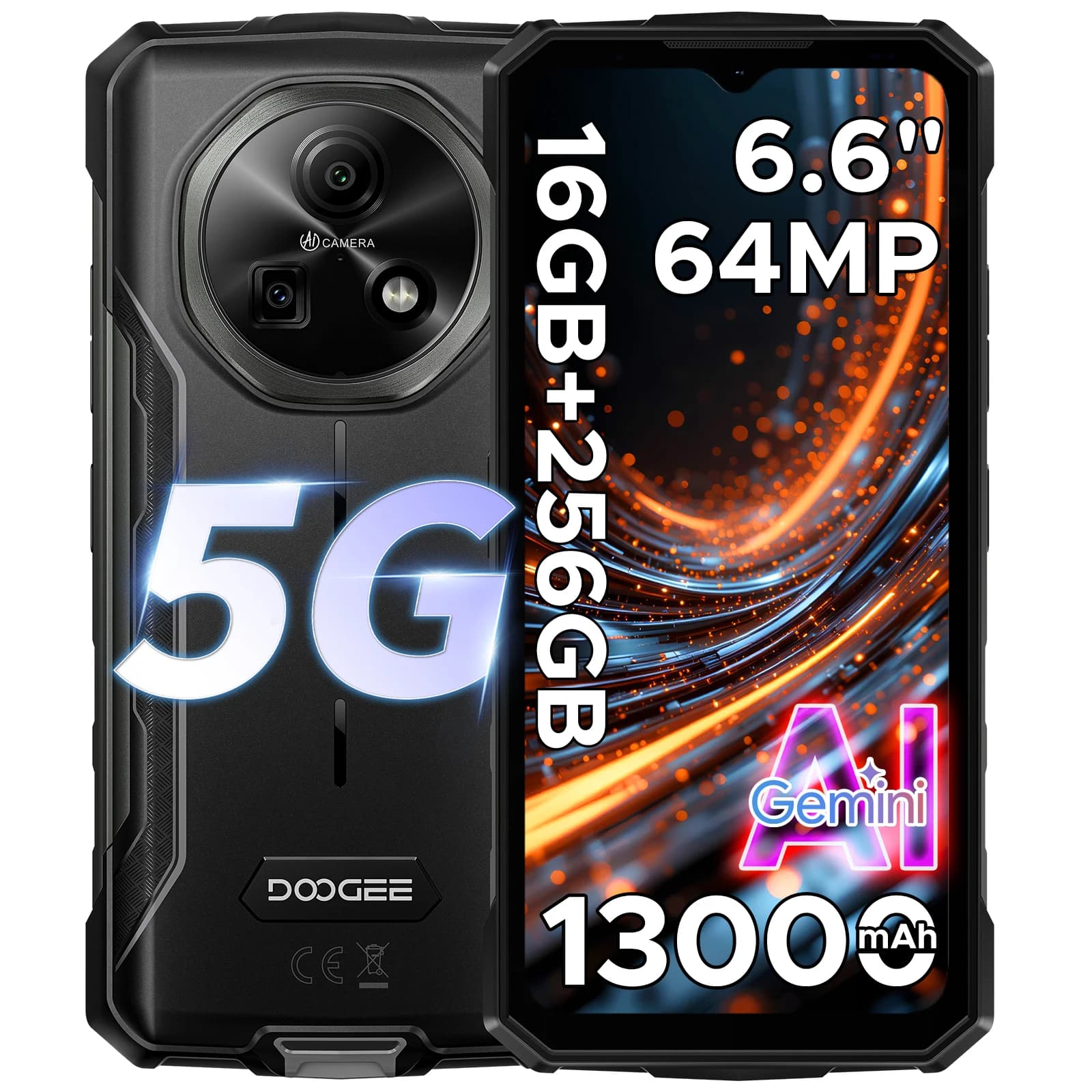 DOOGEE Fire 7 5G Telefono Rugged Android 15 Gemini AI Batteria 13000mAh Schermo 6.6'' Dimensity 6300 Fotocamera 64MP Smartphone NFC