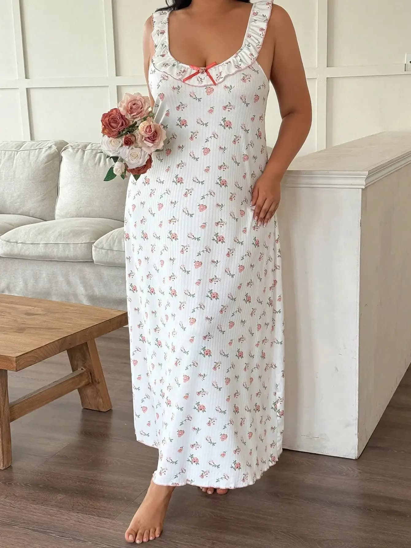 Camicia da Notte Lunga Floreale Plus Size a Mezza Lunghezza/Camicia da Notte Estiva Floreale a Fantasia Floreale