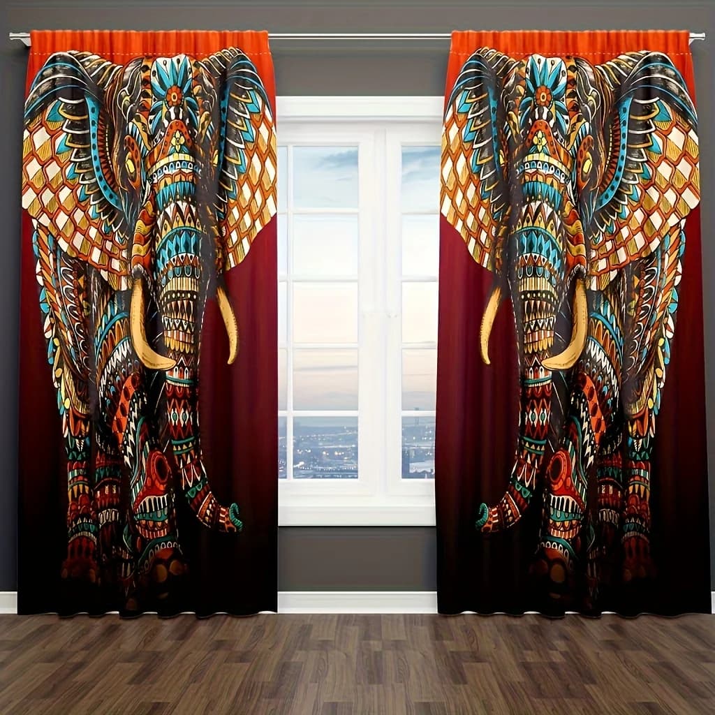 Bohemian style elephant design Print Drapes Room Darkening Window Curtains for Home Decor,Rod Pocket Blackout Curtains Bedroom