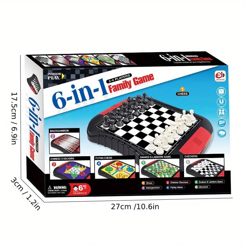 Classico gioco da tavolo per famiglie 6 in 1, regalo giocattolo per scacchiera, scacchi, ludo, backgammon, set regalo per giochi di dama, riunioni di famiglia