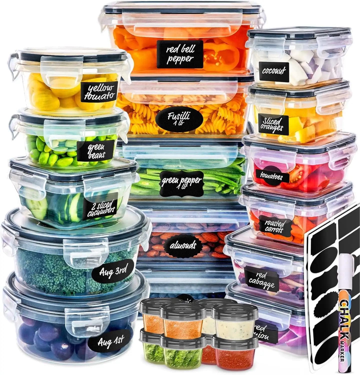 Contenitori per alimenti da 50 pezzi con coperchi, organizzazione di conservazione da cucina in plastica con etichette e penne, contenitori per la preparazione dei pasti senza BPA
