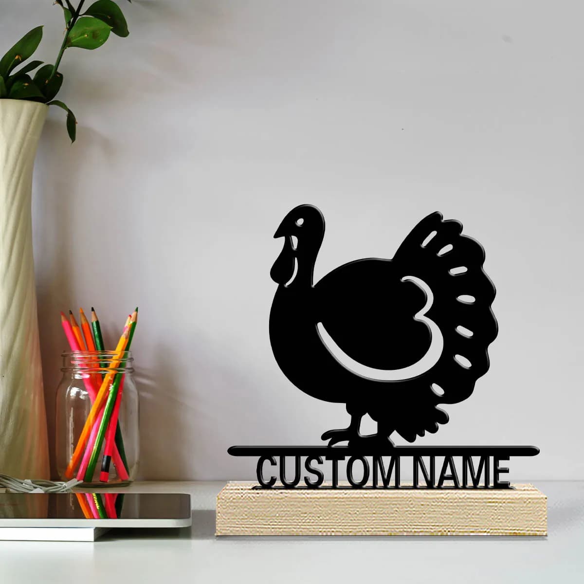 1pc Desktop Metal Ornaments Custom Content Equipped with A Wooden Base Desktop Decoration That Does Not Require Assembly