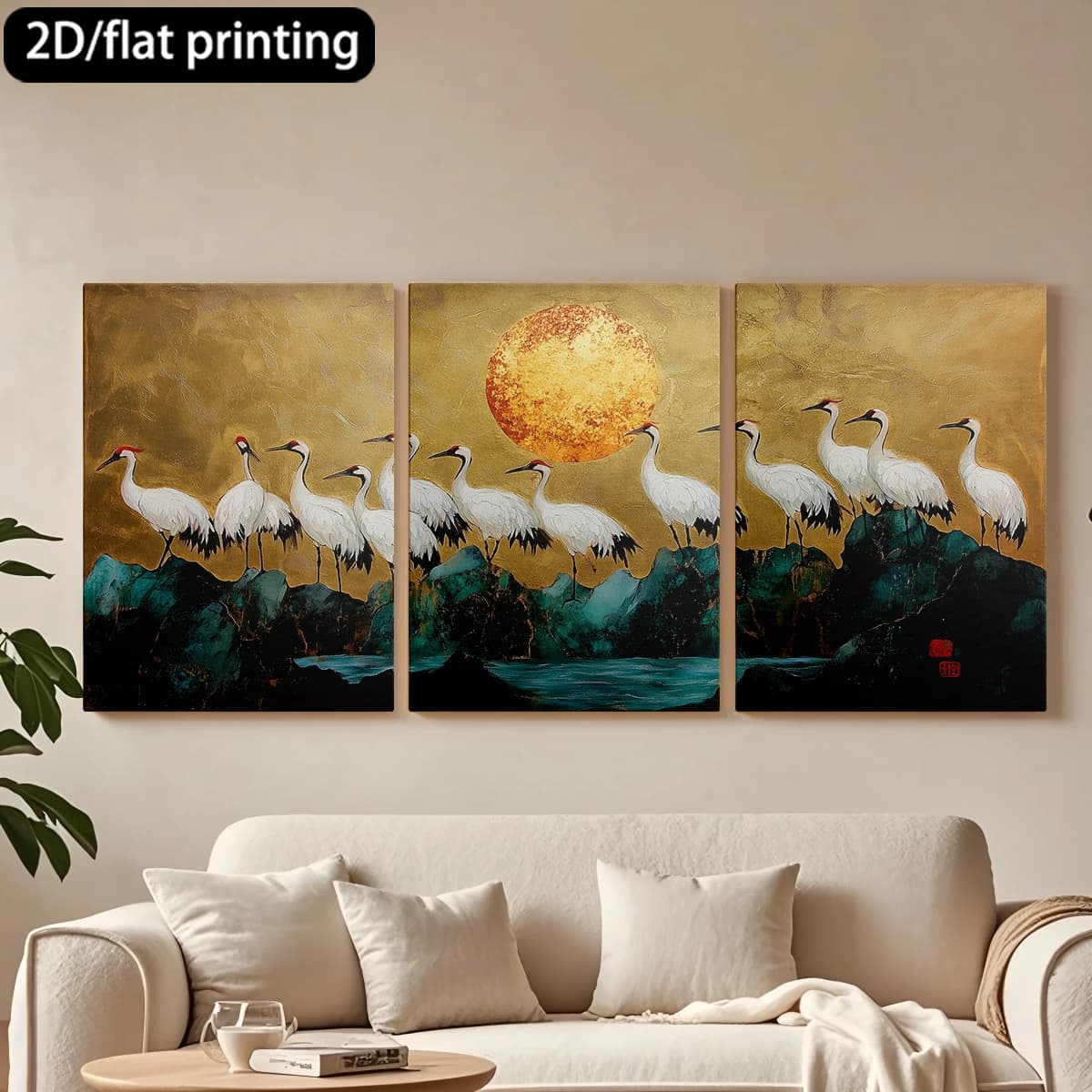 Decorative painting on canvas with wooden frame, 3 pieces. Cranes on rocky soil, golden sun. Tende per camera da letto ikea.