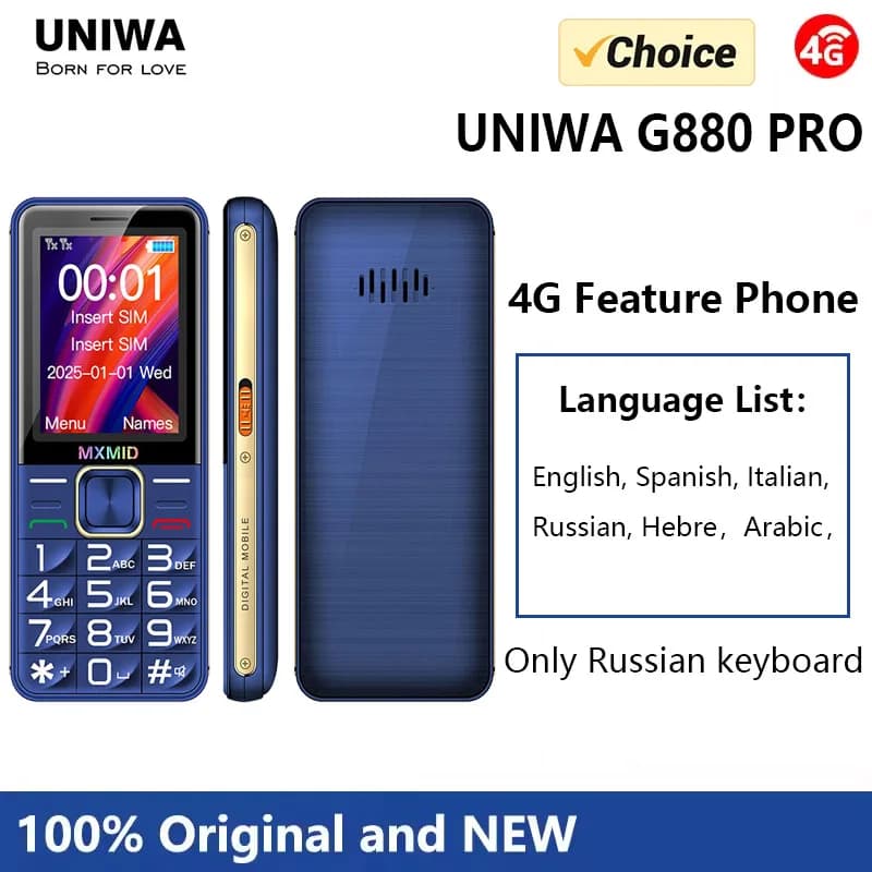 UNIWA MXMID G880 PRO Telefono Cellulare 4G Dual SIM con Display LCD da 2,4 Pollici, Grande Volume per Anziani, Batteria 6800mAh, Torcia, Radio FM