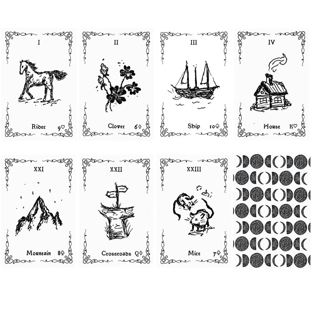 Luna Lenormand Deck 9*6 cm - 36 carte oracolo minimaliste in bianco e nero in stile schizzo disegnato a mano