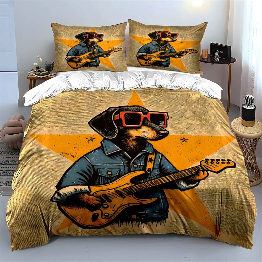 Set di 3 Pezzi Copripiumino con Stampa 3D di Cane che Suona la Chitarra Elettrica, Set di Biancheria da Letto in Morbido Poliestere per Tutte le Stagioni